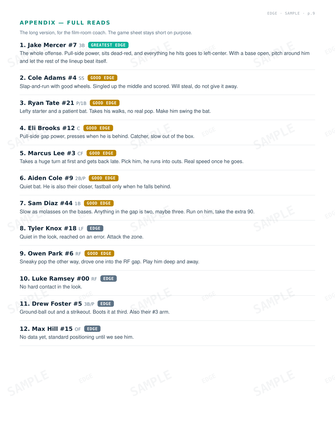 EDGE sample dossier page 9 (image, fictional sample data)